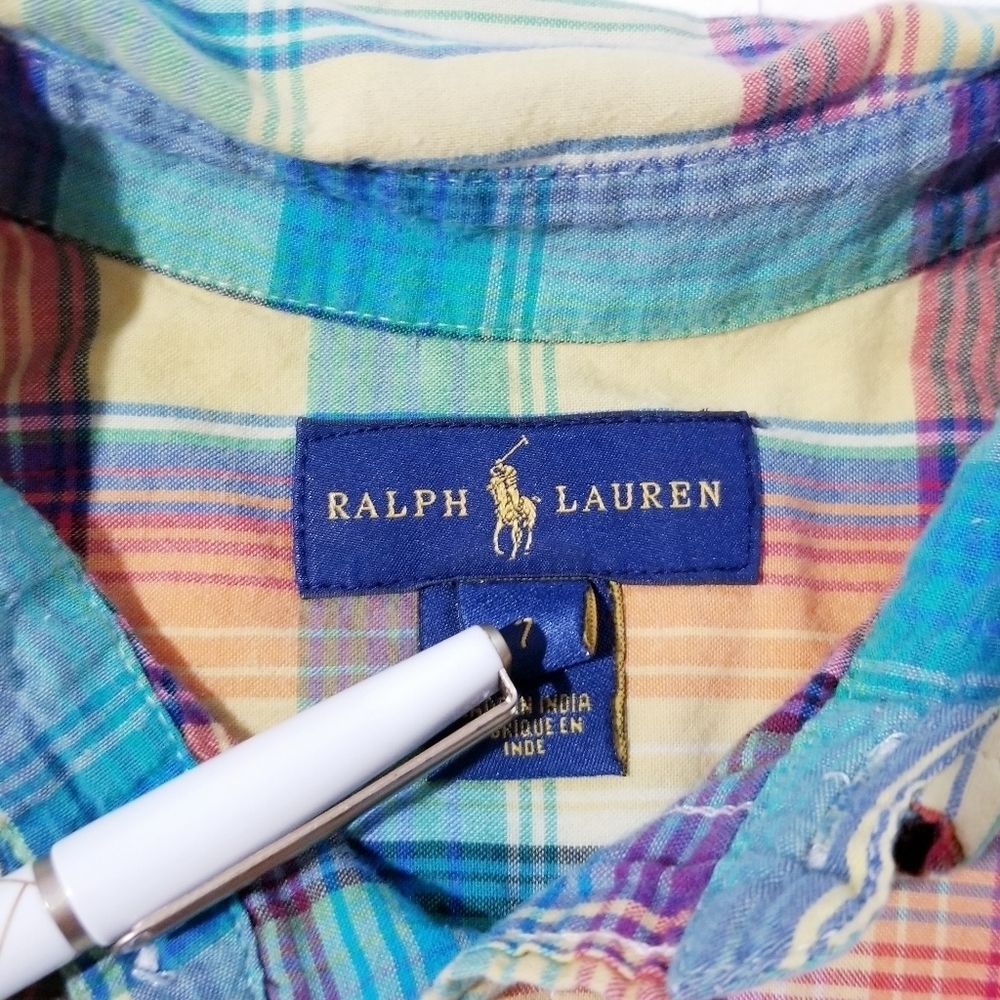 RALPH LAUREN Boys Multicolor Madras Plaid Button down Shirt size 7 - Picture 7 of 9